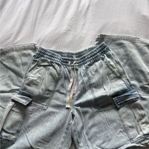 aerie Light Wash Wide Leg Cargo Jumpsuit Pants